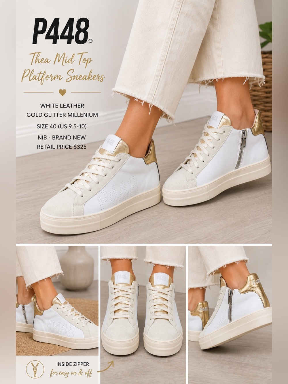 P448 Thea Mid Top Platform Sneakers
White Leather Gold Glitter Millenium 40 NIB